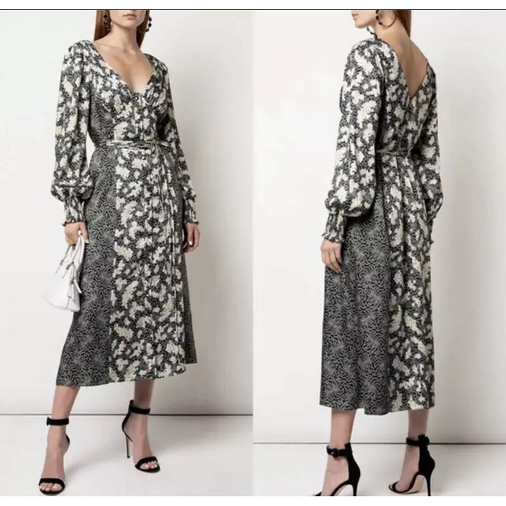 NWT Cinq a Sept Jessica Paneled Printed Satin-Twill Midi Dress in Black 4
